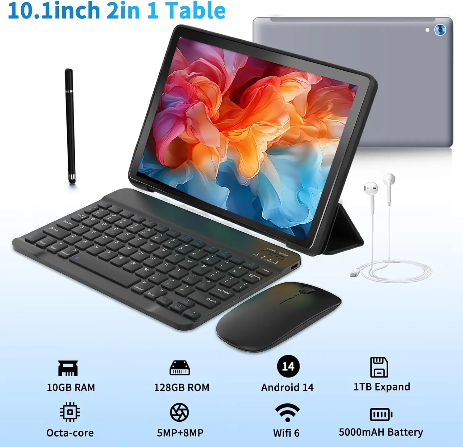 C108 10.1 Inch Tablet Octa-Core Processor 10GB RAM 128GB ROM Android 14 with Case Headphones Wireless Keyboard Mouse Stylus Pen