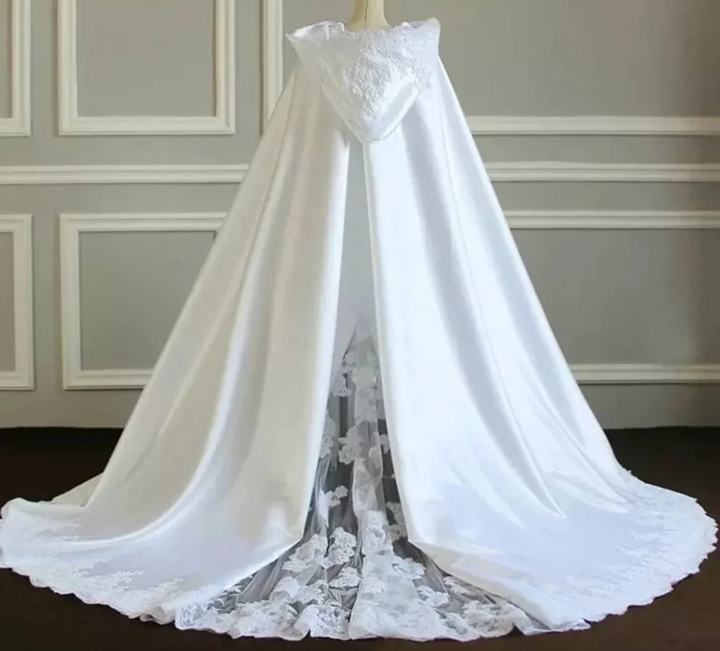 Witte capuchon bruiloft mantel kant satijn winter bruids cape custom made bruid bolero bruiloft wrap custom - afbeelding 2