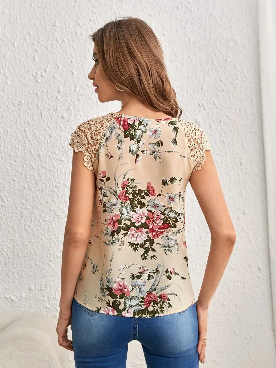 Women`s T-Shirt Lace Cap Sleeve Summer Top Floral Blouse For Daily Office Wear Round Neck Keyhole Cutout Casual Chiffon Tops