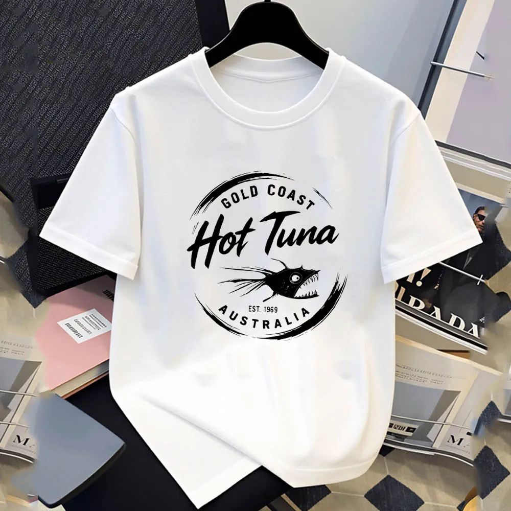 American Retro Washed Plus Size Men'S T-Shirt Hot Tuna Healthy Fish Print Short Sleeve Golden Coast Surfing Street Style Top