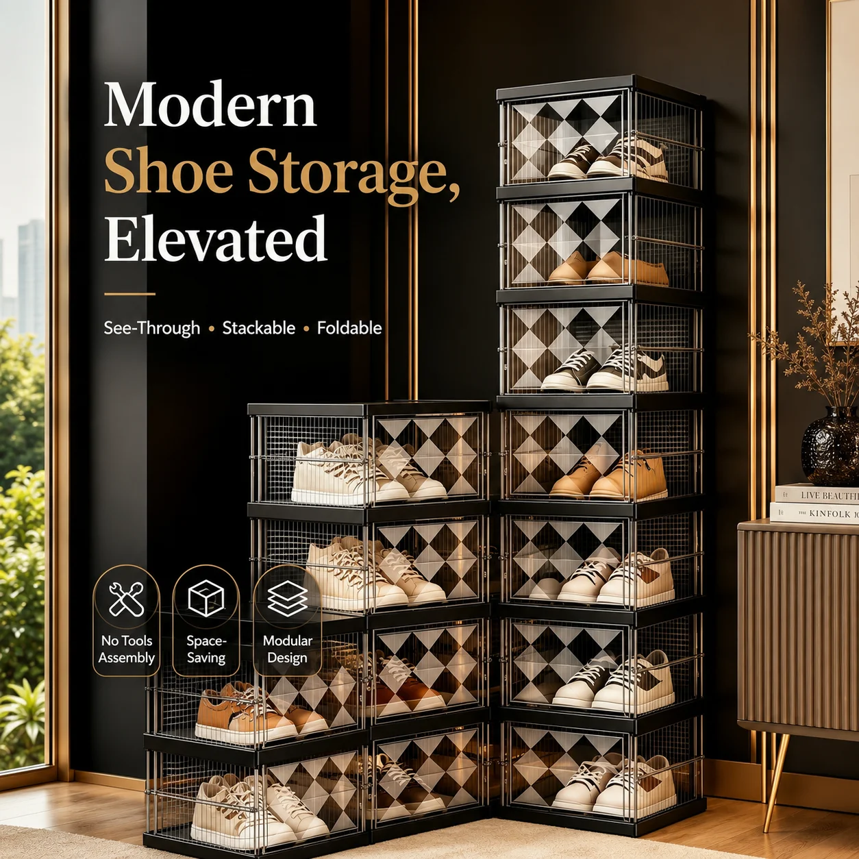 1/3/6/9-layer transparent shoe cabinet with diamond-shaped transparent flip doors, easy to assemble without tools, foldable shoe storage box, black frame saves space, customizable shoe rack layout, ideal for entryway, closet, bedroom, or small apartment s