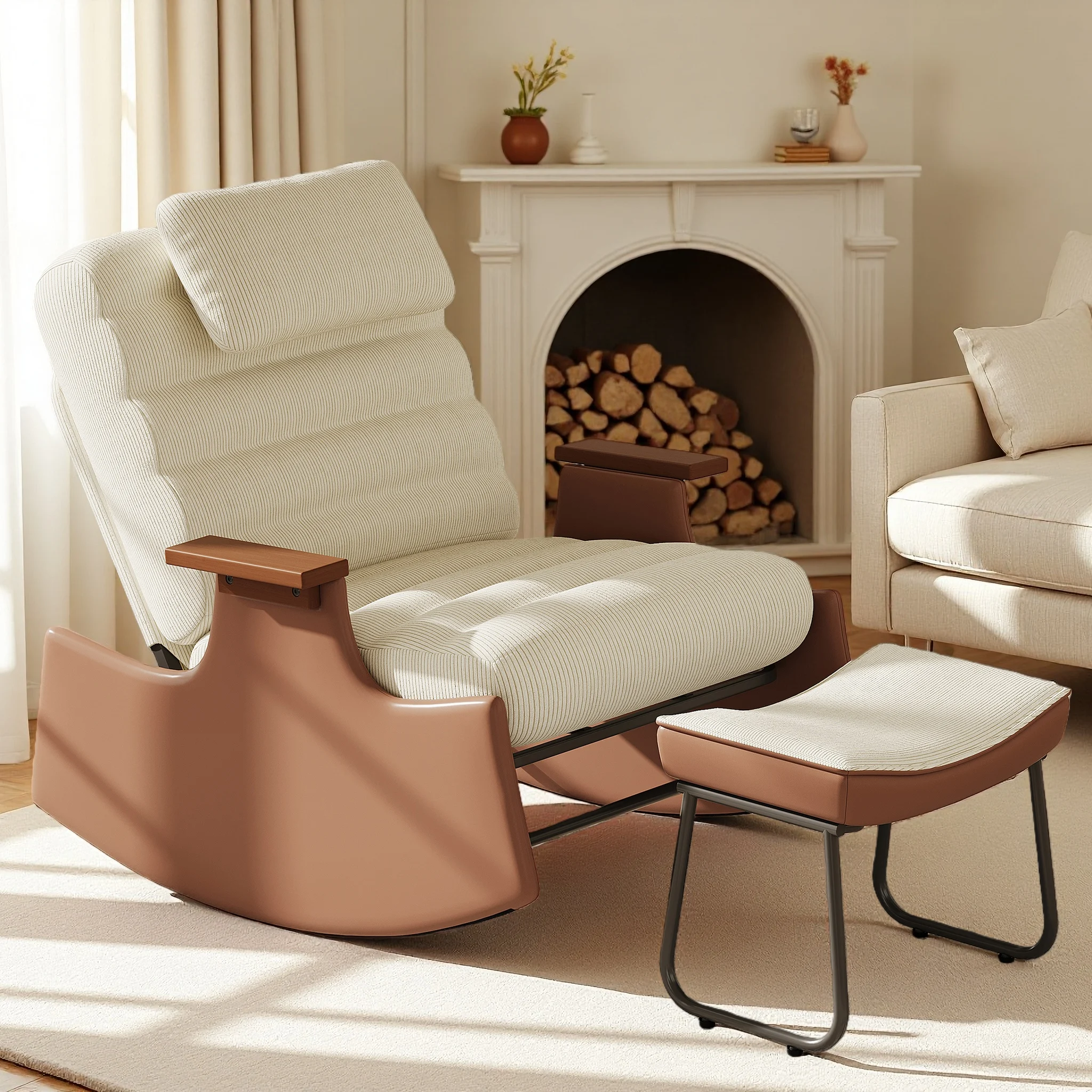 Fauteuil à bascule avec repose-pieds et appui-tête, fauteuil inclinable avec dossier réglable en 3 positions, fauteuil de salon avec base antidérapante, fauteuil à bascule rembourré, beige, laine d'agneau