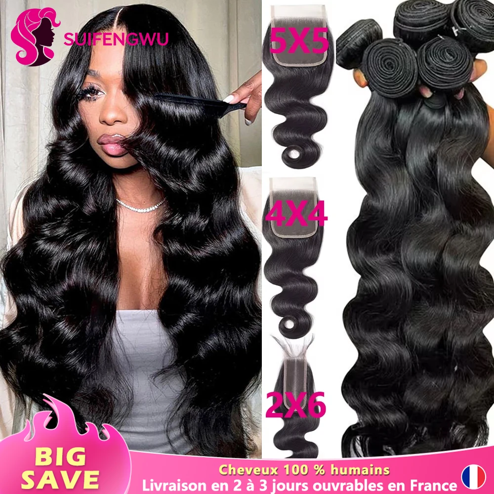 Body Wave Tissage Cheveux Humains Avec Fermeture 3/4 Tissages avec 4X4 5X5 Fermeture à Lacets Cheveux Vierges Extensions 2X6 HD