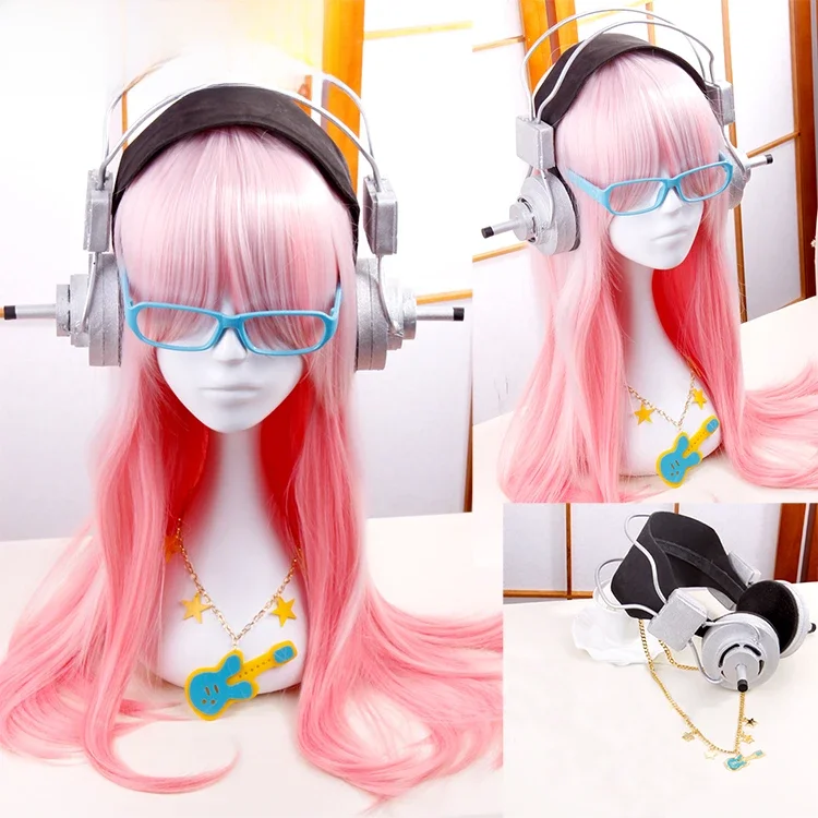 Supersonico Super Sonico 60cm długie różowe włosy typu Ombre z słuchawką Prop żaroodporne przebranie na karnawał peruka + zabawka zestaw słuchawkowy — zdjęcie 2