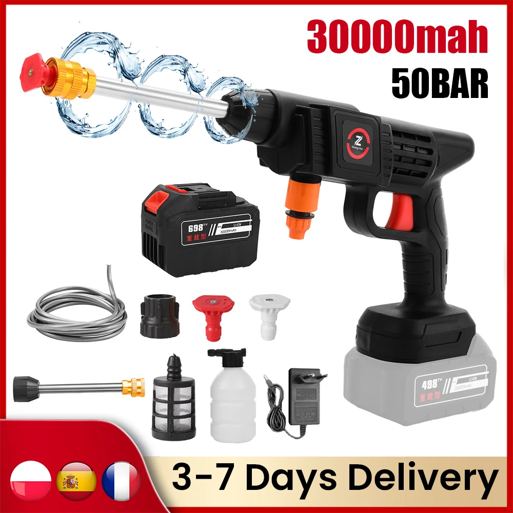 200W 50Bar Cordless High Pressure Spray Gun Car Washing Gun High Power Washing water Machine Power Tool for Makita 18V Battery