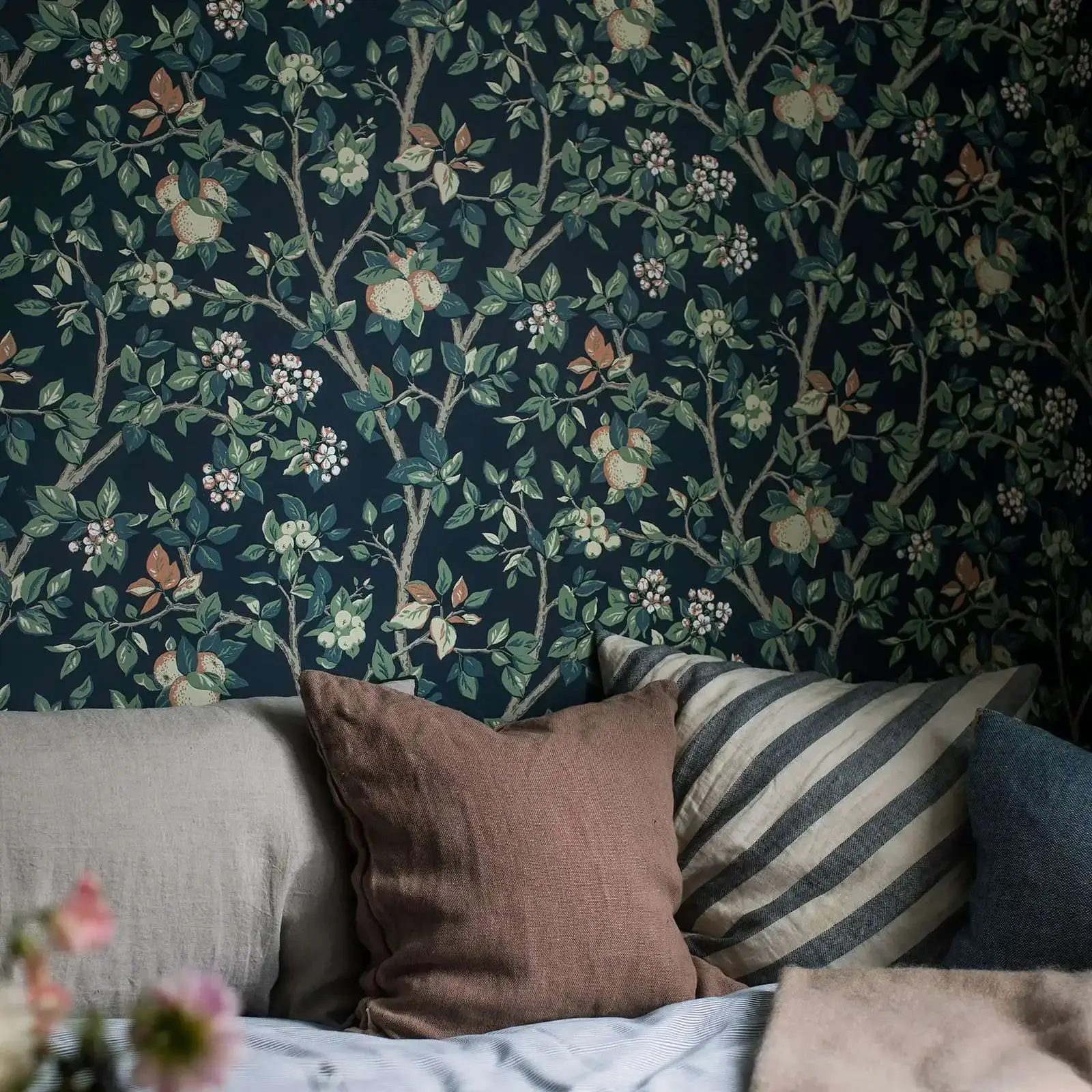 Nature contemporary Wallpaper Ingrid Marie, Scnadinavian Wallpaper with Apple Tree Motif Through the Seasons in Blue Color