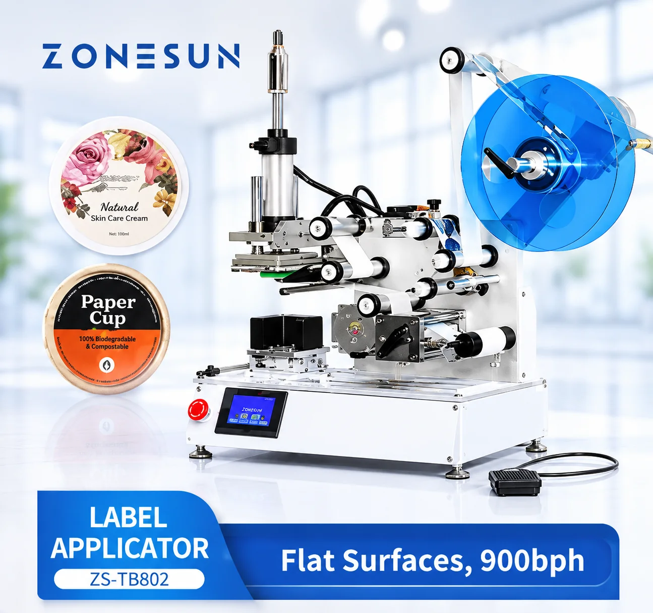 ZONESUN ZS-TB802 Auto Flat Surface Labeling Machine Tabletop Label Applicator for Square Box Flat Bottle Jar Lid High Precision