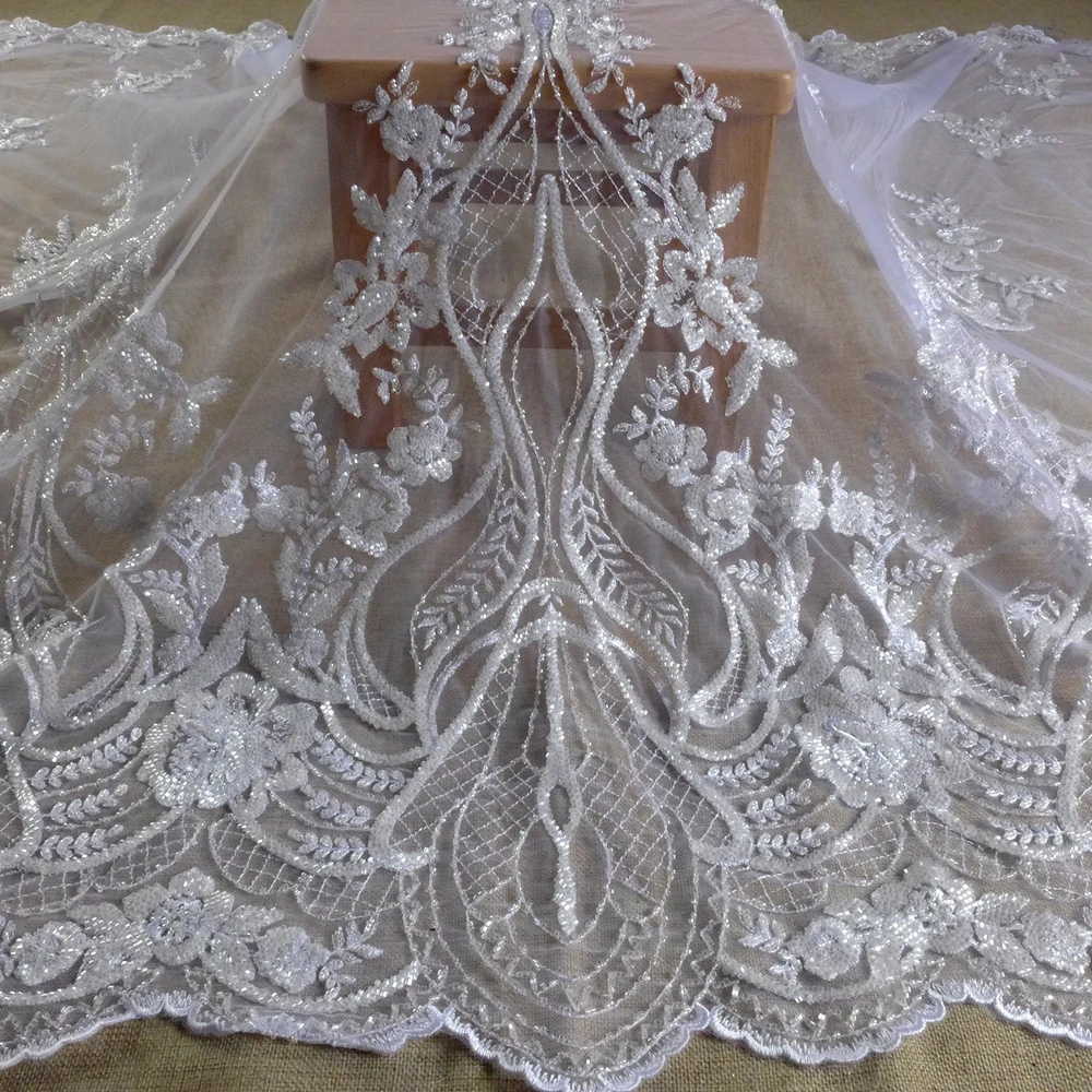 

HelluyerDC белая плотная кружевная ткань с бисером, кружево с одним боковым узором для моды, свадьбы, вечера, танцевального платья во дворе