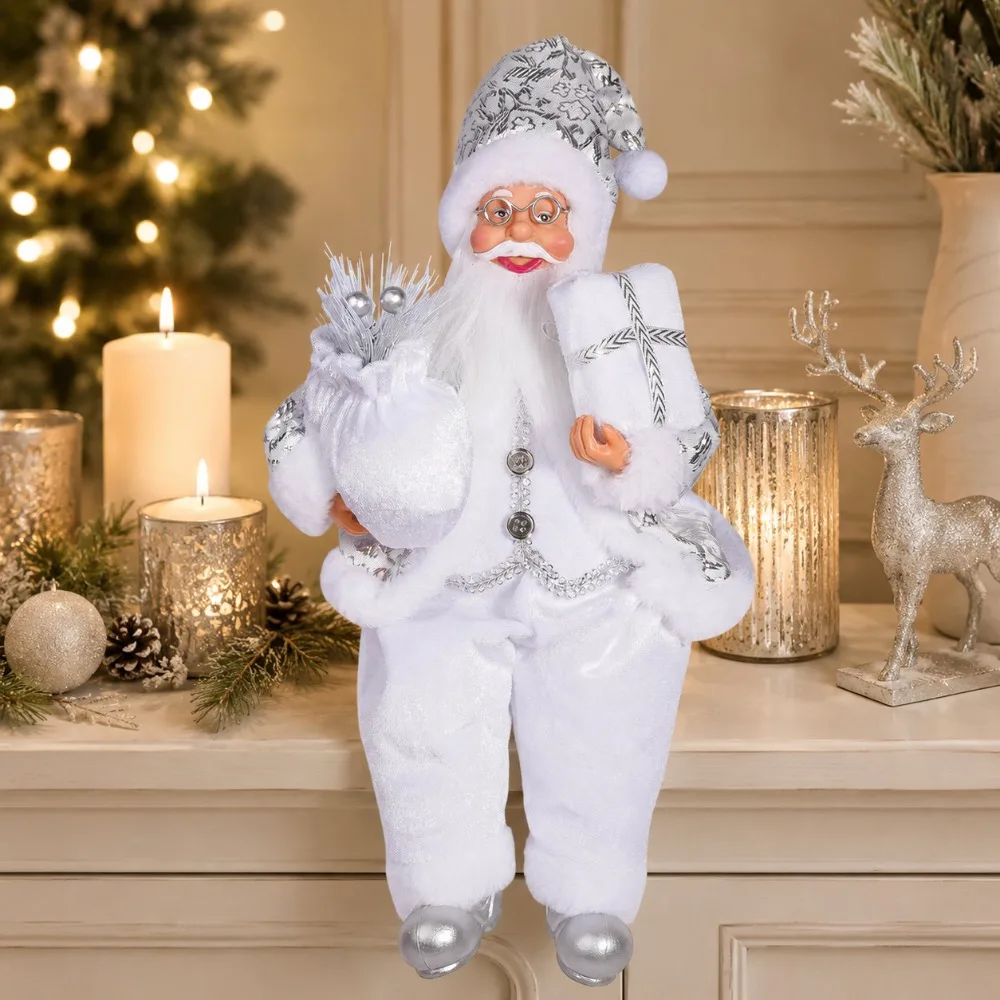 1pc White Santa Claus Decorative Item for Holiday Collection - White Robe with Silver Lines Sitting Santa Claus Figure Holding G
