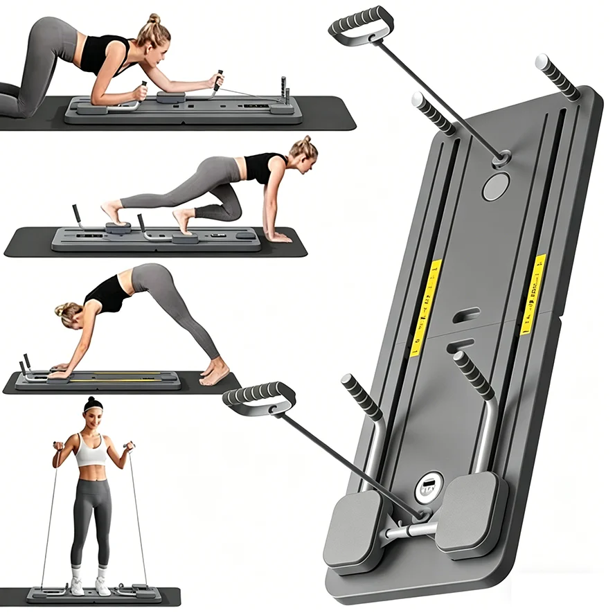 Planche de Pilates multifonctionnelle, appareil de musculation abdominale avec poignées à résistance réglable, équipement d'entraînement pliable pour la maison, pour l'entraînement de force du corps