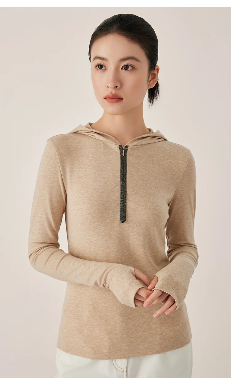 KX9523407 Eleganter Damen-Strick-Hoodie aus Wollmischung mit Langen Ärmeln und Spandex – Detail 3