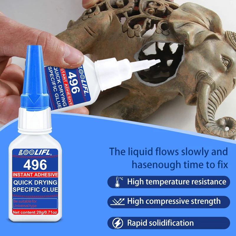 Super strong cyanoacrylate all-around glue, 3 seconds adhesion, waterproof, suitable for plastics, rubber, ceramics, metals.