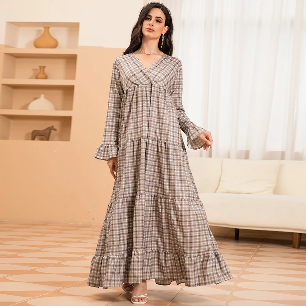 Elegant style V-neck Plaid Splicing Ruffle Flared sleeve Long Dresses