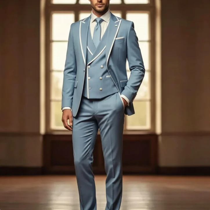 Dusty Blue Men 3 Piece Suit White Piping Trim Slim Fit Double Breasted Tuxedo Jacket Vest Pants Wedding Groom Formal Prom Party