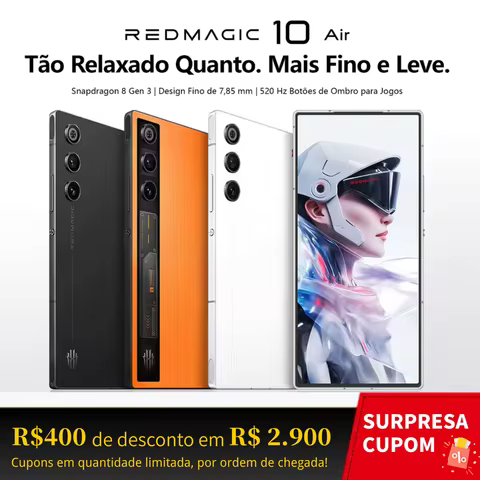 REDMAGIC 10 Air Celular Gamer 12/16GB+256/512GB Fino de 7,85mm 6000mAh Rápido de 80W Snapdragon 8 Gen 3 Preto/Branco/Laranja