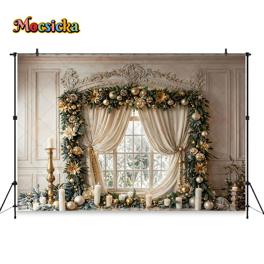 3D Christmas Background Photography Studio Vintage Beige Room Window Candle Wreath Backdrop Decor Family Kids Winter Xmas Photo