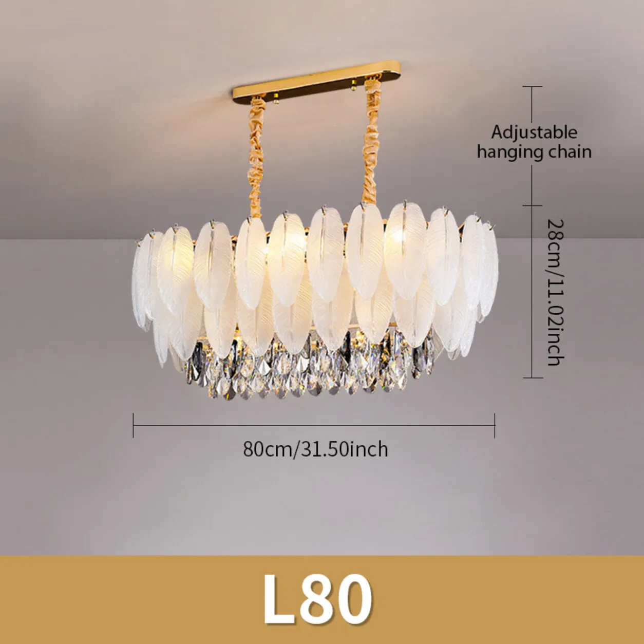 Gouden kroonluchter met kristallen en veren, moderne ronde en ovale hanglamp met glazen veren en kristallen elementen, E14, 50 tot 100 cm.