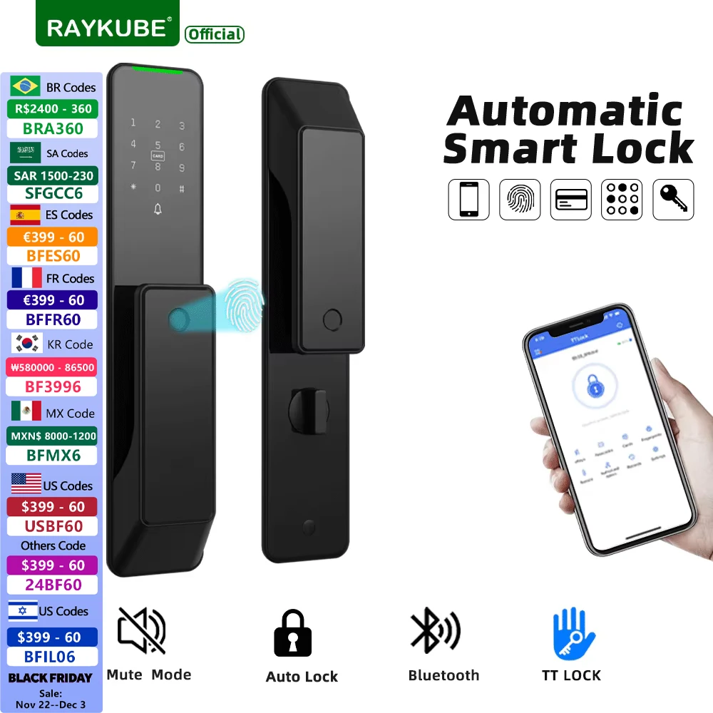 NEW RAYKUBE KX2 TT Lock Bluetooth Full-automatic Electronic Smart Door Lock With Biometric Fingerprint APP NFC Key Unlock