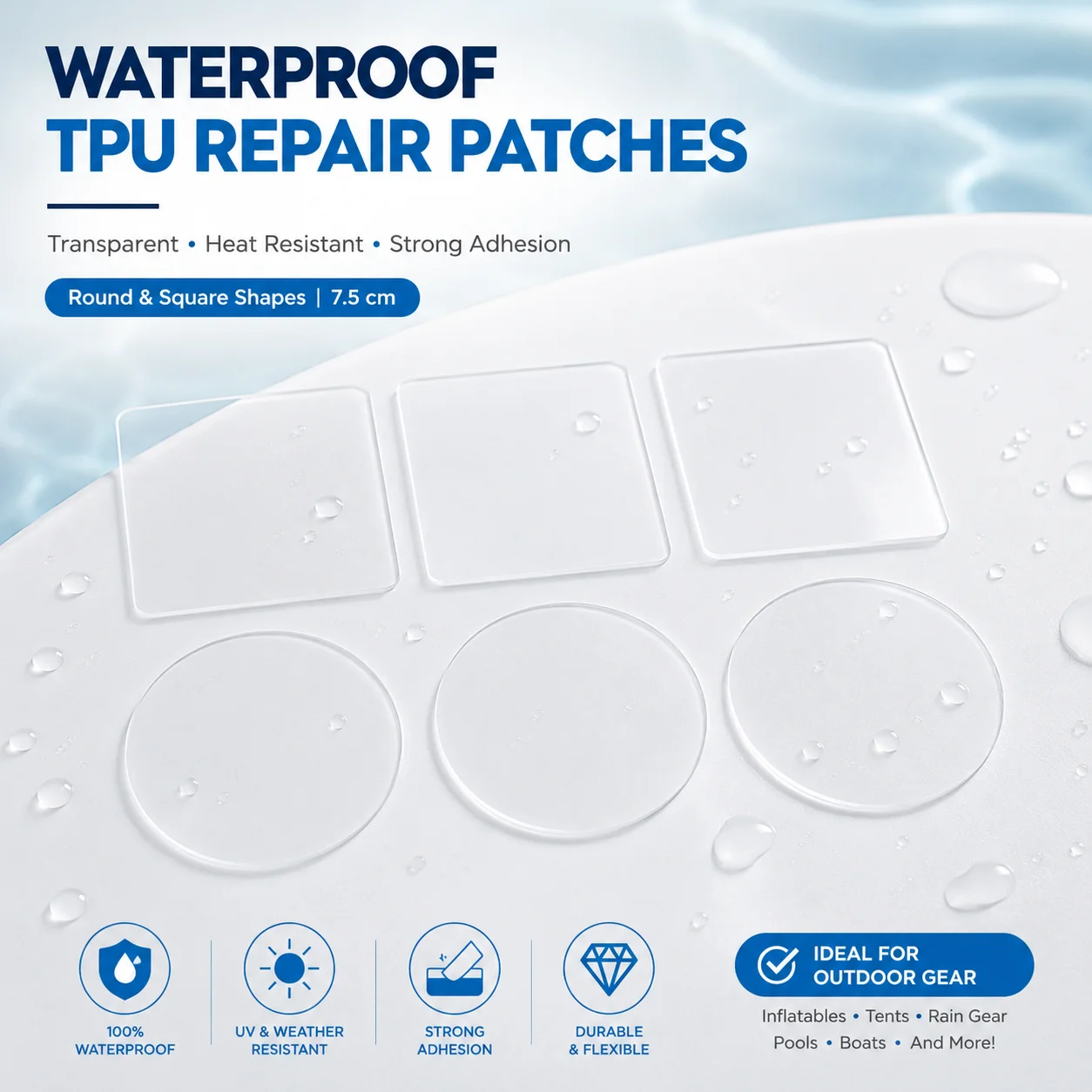 TPU Repair Patch Kit, Clear Self-Adhesive Waterproof Fix Tape Patches for Inflatable Swimming Pool Ring Float Air Mattress