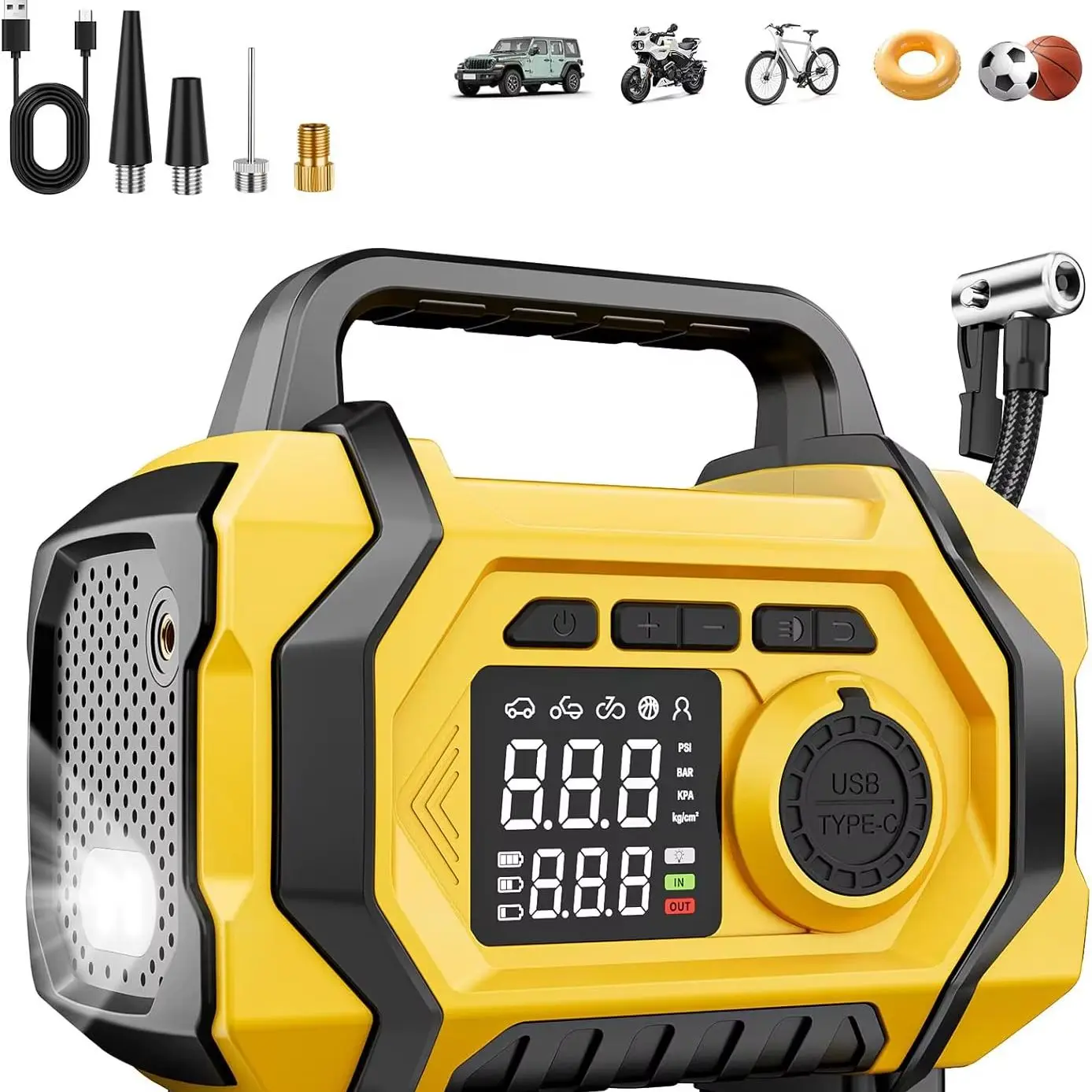 Tragbarer Reifenfüller, Luftkompressor, 150 PSI, kabellose Autoluftpumpe mit digitalem Manometer, LED-Anzeige, automatische Abschaltung für Auto, Motorrad, Fahrrad