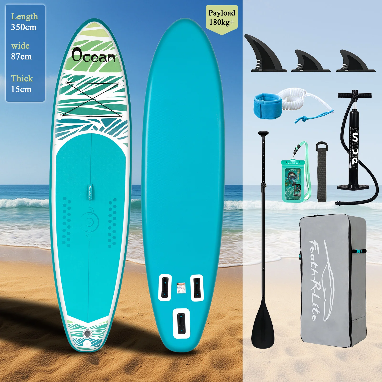 FUNWATER Opblaasbaar SUP-board van dik materiaal, surfplank op het water 335x83x15cm, draagvermogen 165kg + Hoge sterkte