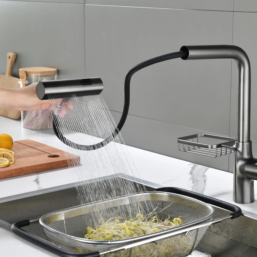 GOGI Gunmetal Gray Solid Brass Pull‑Out Kitchen Faucet Ceramic Valve Core Hot Cold Water Mixer Tap with Sponge Soap Holder 3 Wat