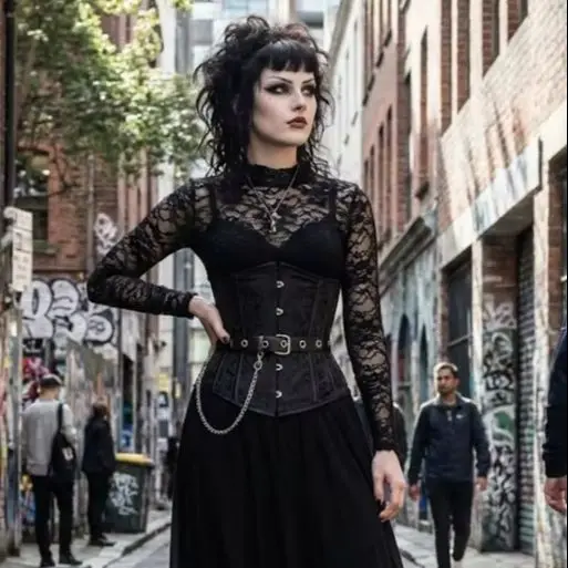 CLOUDY.LEE Women Black Jacquard Underbust Corset Waist Trainer with Punk Grommet Chain Belt 2PCS Gothic Steampunk Vintage Costum