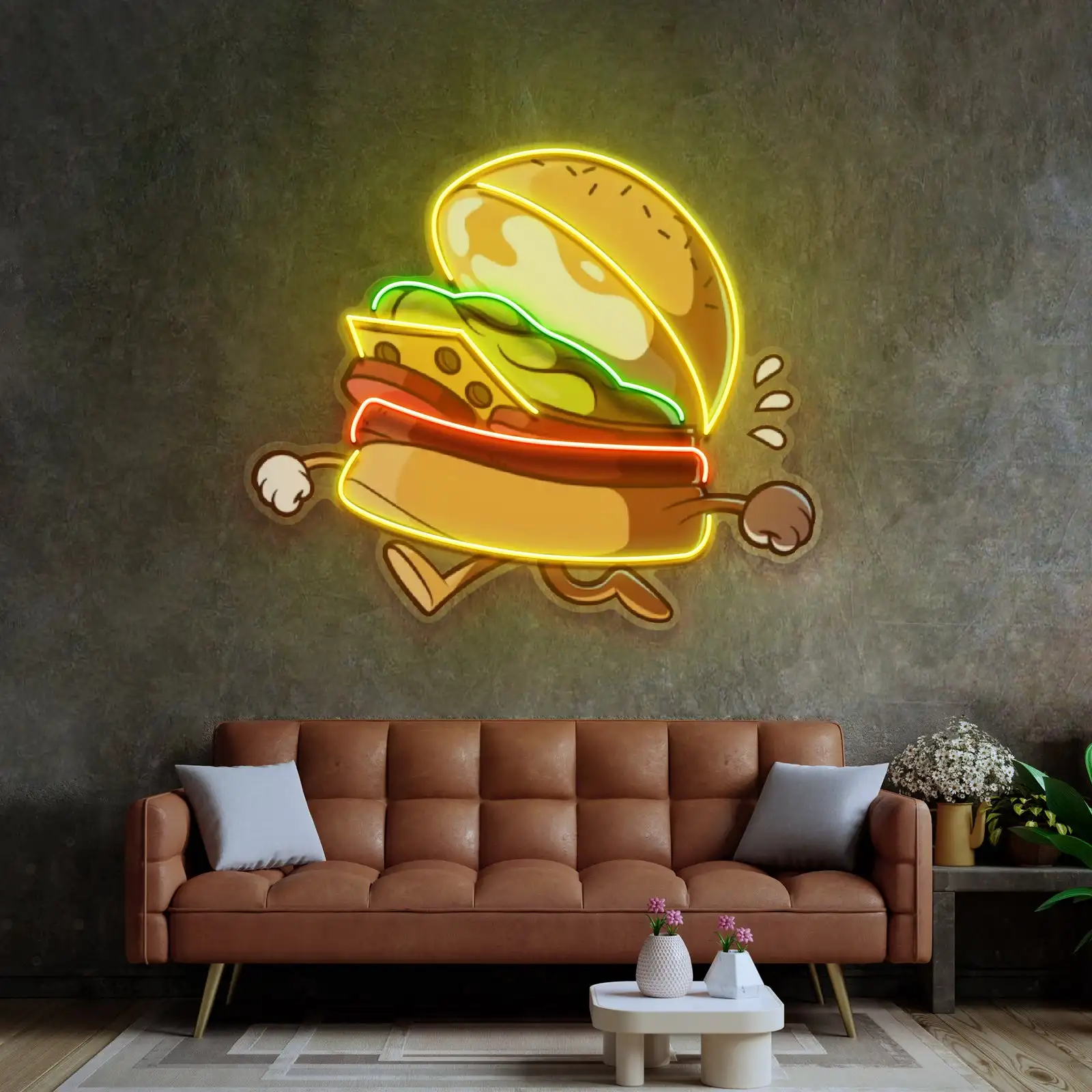 Burger Running Neon Sign Pop Art Wall Art Decor Aesthetics Fast Food Restaurant Neon Bar Club Pub UV Printed USB Sign