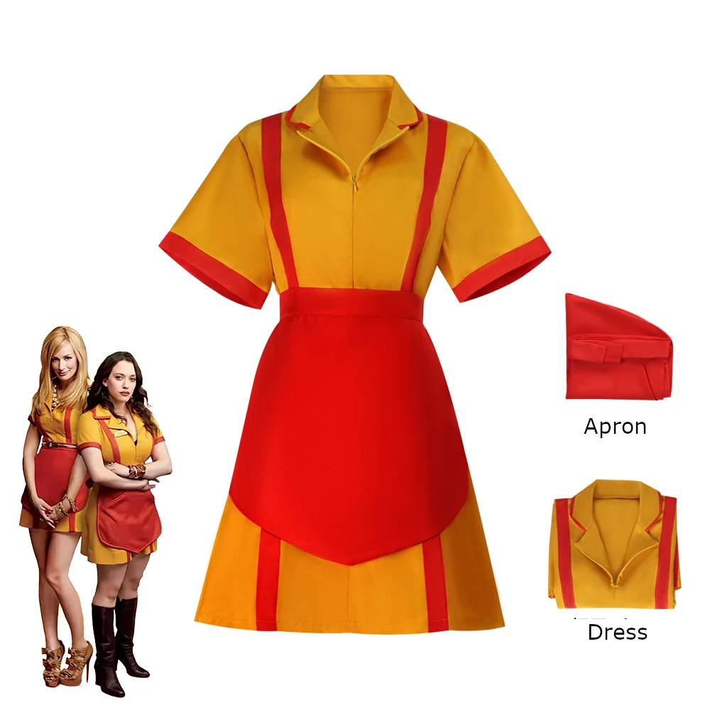 2 Broke Girls Max Cosplay Costume Caroline Waitress Uniform With Apron Yellow Maid Uniform Halloween Party Dress Outfit