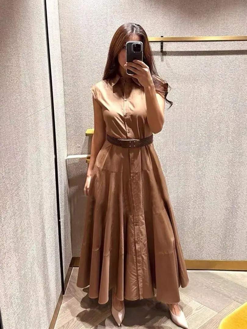 Casual luxurious women's 100% cotton belted maxi dress