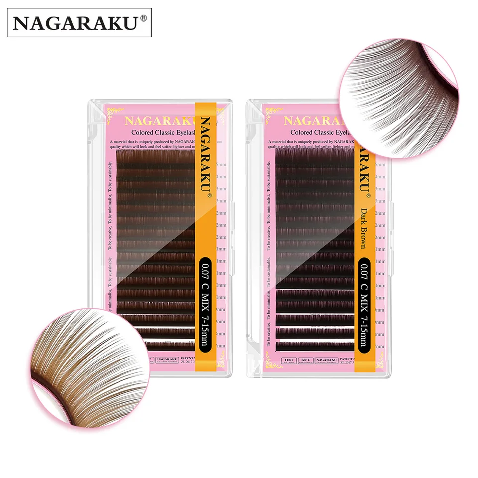 Pestañas individuales NAGARAKU marrones, 16 líneas, color marrón, alta calidad, súper suaves, naturales, visón sintético