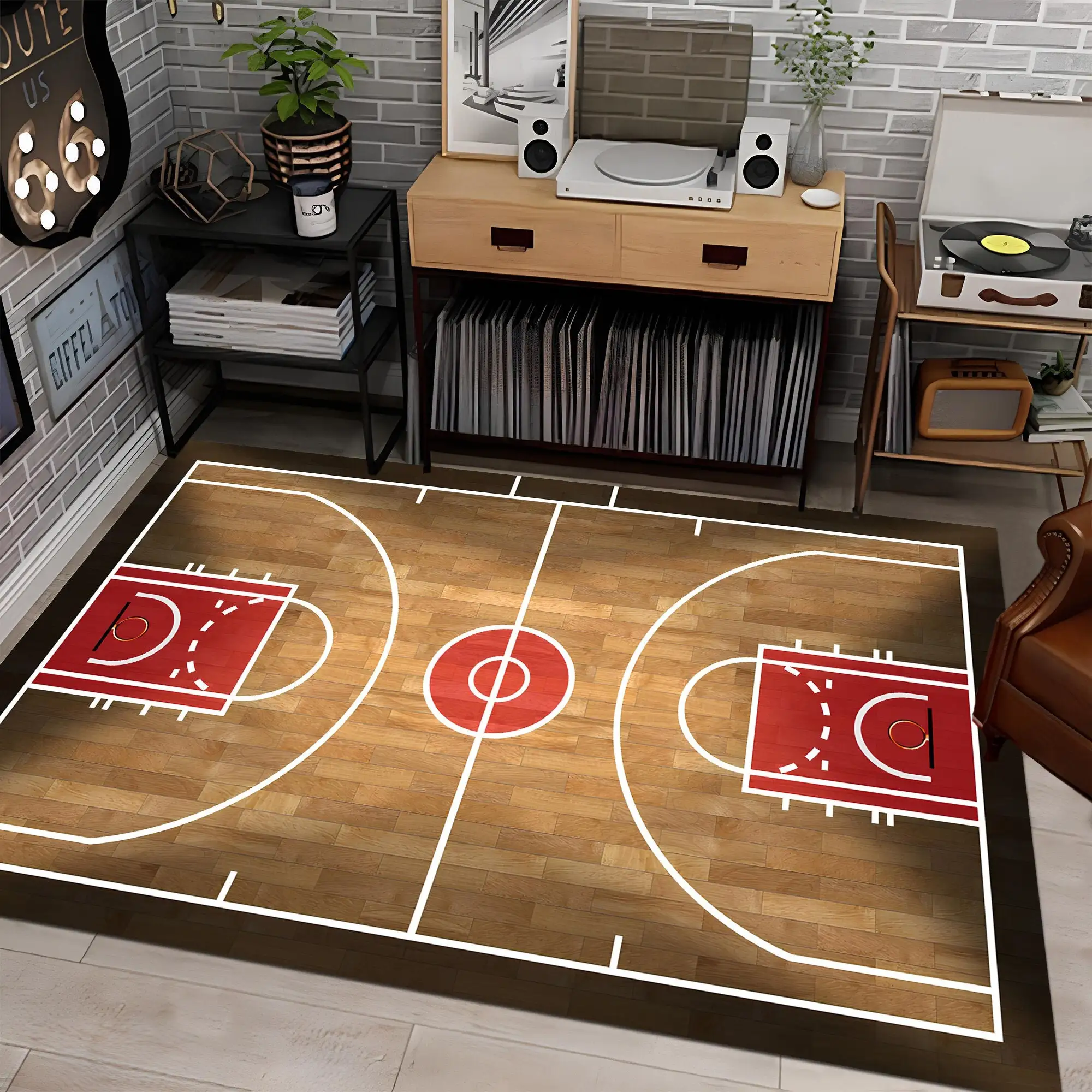 

Basketball Court Sports Rug Popular Rug Brown Court Rug for Living Room Decor Non-Slip Soft Flannel Home Bedside Carpet Gifts