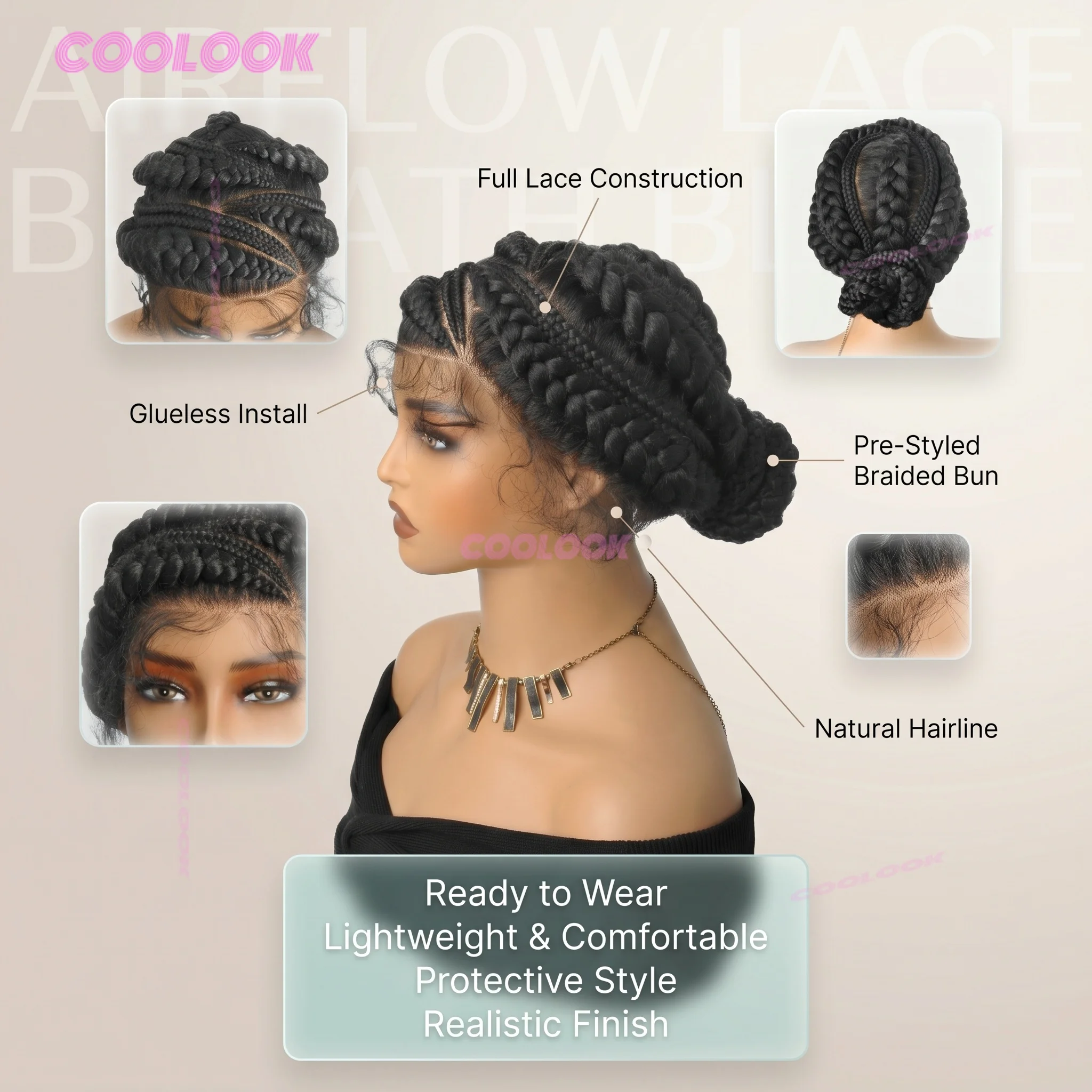 Klebefreie Cornrow Geflochtene Dutt-Perücke Synthetische Vollspitzen-Geflochtene Perücken für Frauen Anfängerfreundlich mit Wechselnden Cornrows – Detail 5