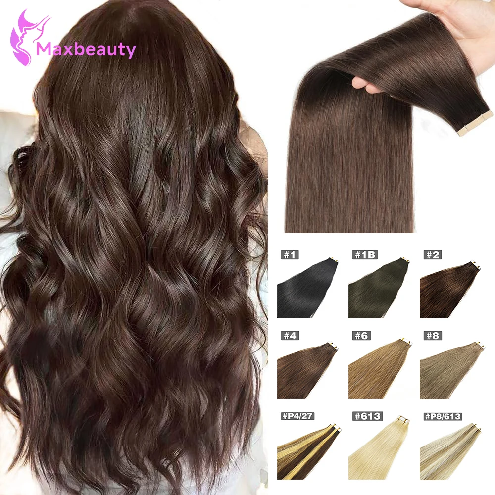 

Темно-коричневые ленты для наращивания волос, человеческие волосы, 20 шт., 100% человеческие волосы Remy, прямые бесшовные невидимые ленты для наращивания волос