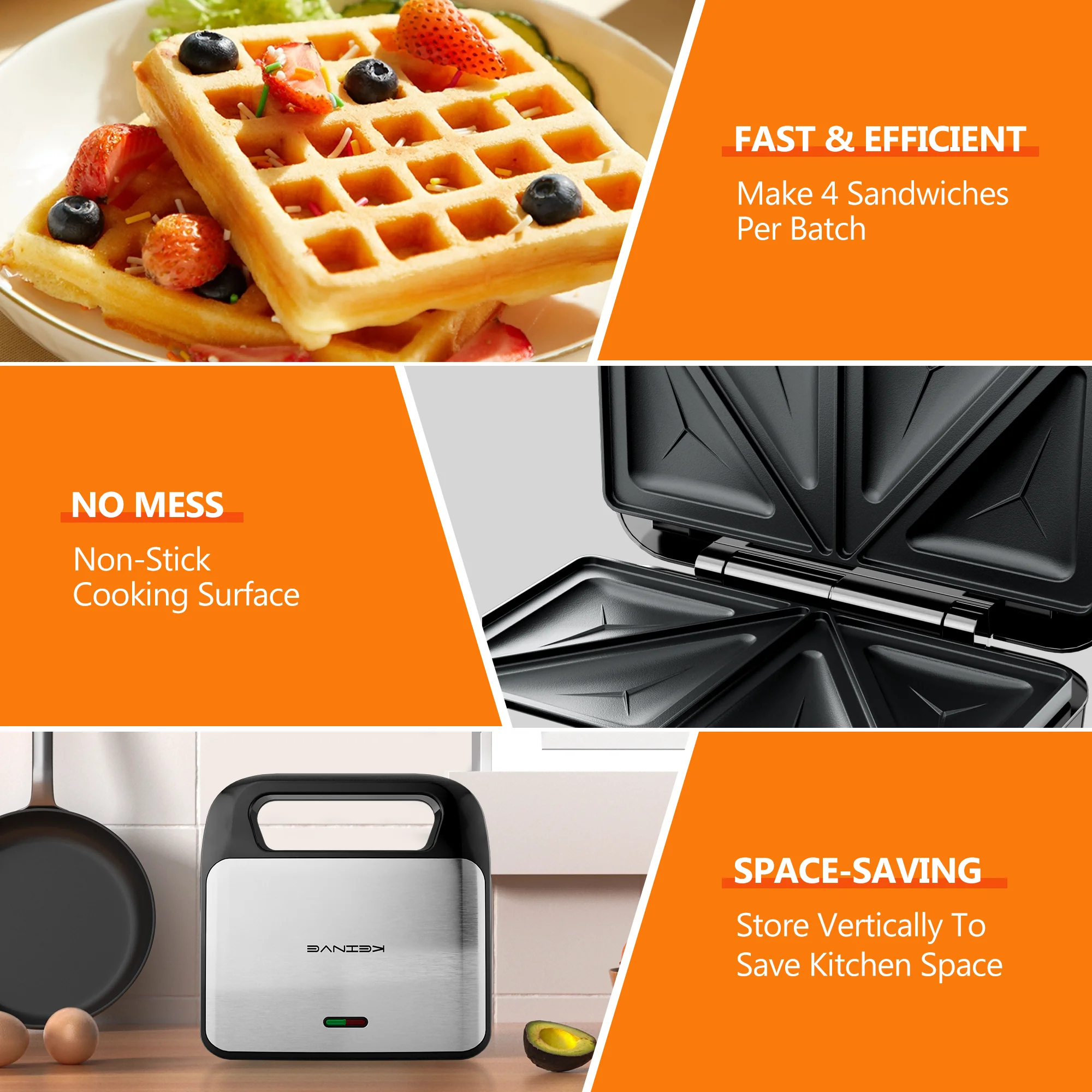 2 in 1 Waffle Maker & Sandwich Maker with Non-stick Coating Plate, Easy to Clean, 750W Heating Up Fast