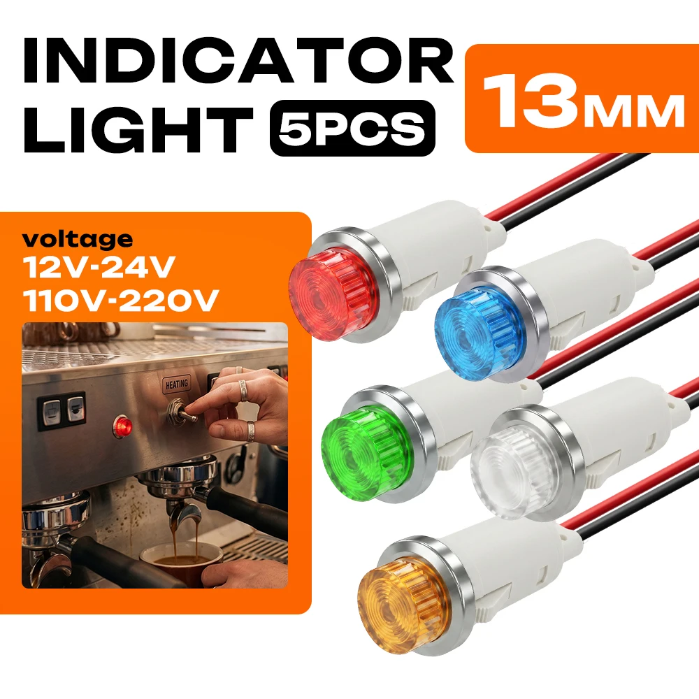 FILN 5PCS 13mm LED Indicator Lamps IP67 Waterproof Signal Lights for Car Speed Boat Industrial Control Panel 12V-24V 110V-220V
