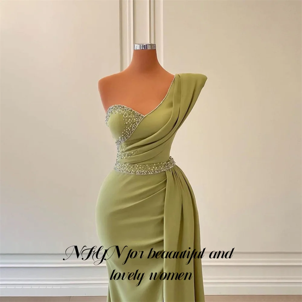 NFYN Sage Green Stain Prom Dresses Shining Pleat One Shoulder vestidos de noche Mermaid Evening Dress Gown with Split Customized