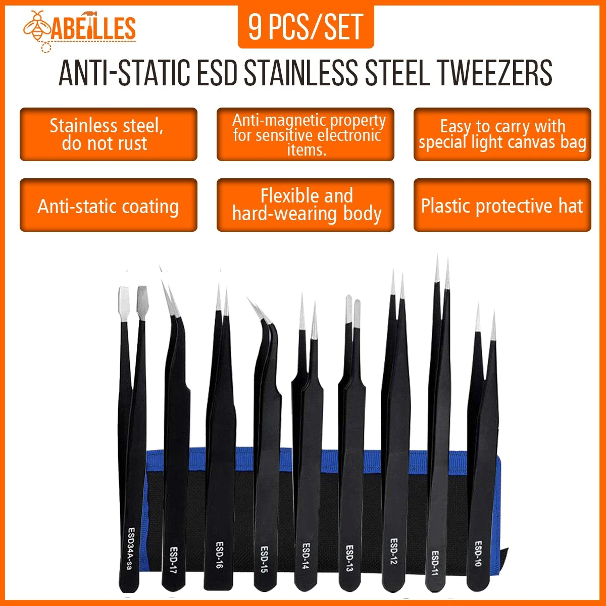 Conjunto de pinças de aço inoxidável antiestático, ESD, ESD, ESD-10, ESD-11, ESD-12, ESD-13, ESD-14, ESD-15, ESD-16, ESD-17, ESD-34A,, 9pcs por conjunto, 1,5mm
