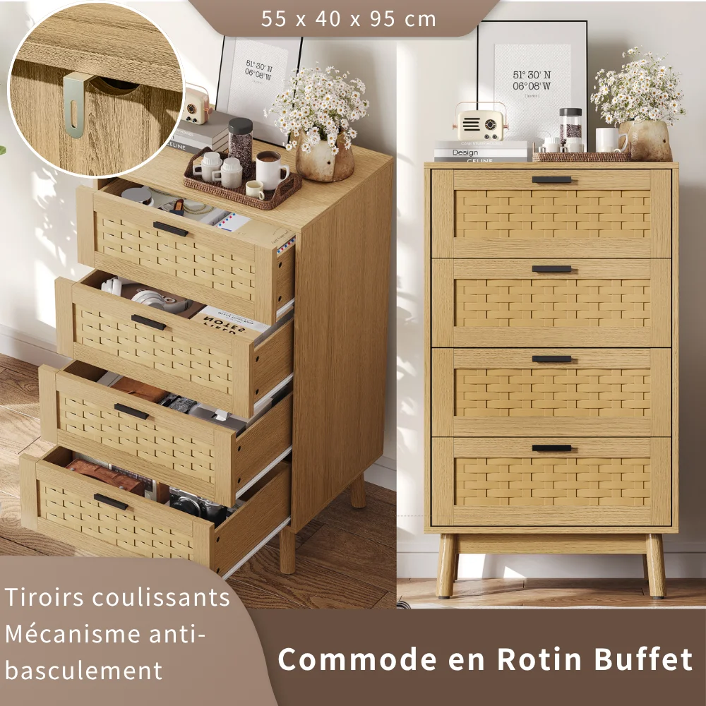 Cómoda para dormitorio, unidad de almacenamiento con 4 cajones, mueble moderno para bebidas hecho de madera, mueble de madera de diseño vintage para dormitorio, sala de estar o pasillo, negro, 55x40x95 cm