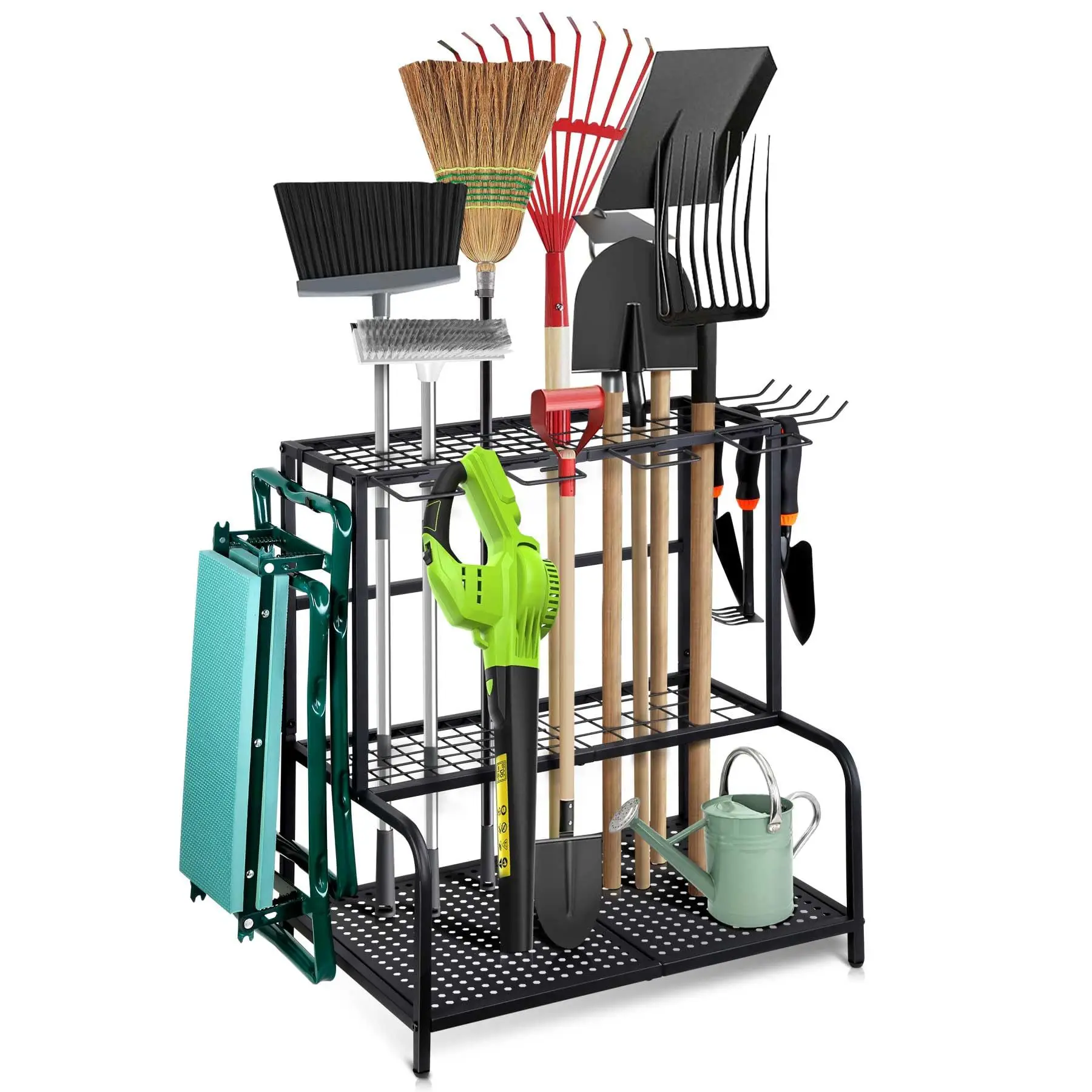 Tuin gereedschaphouder, metalen tuin gereedschaphouder met 3 niveaus, gereedschapsrek met haken voor garage, tuin & kelder, 74 × 41 × 66 cm, ruimtebesparend, stabiel, roestbestendig, hoge