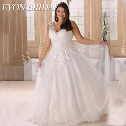 EVON BRIDAL Glitter Tulle Wedding Dress Plus Size V-Neck Sleeveless Applique Bride Gowns vestidos de novia de talla grande