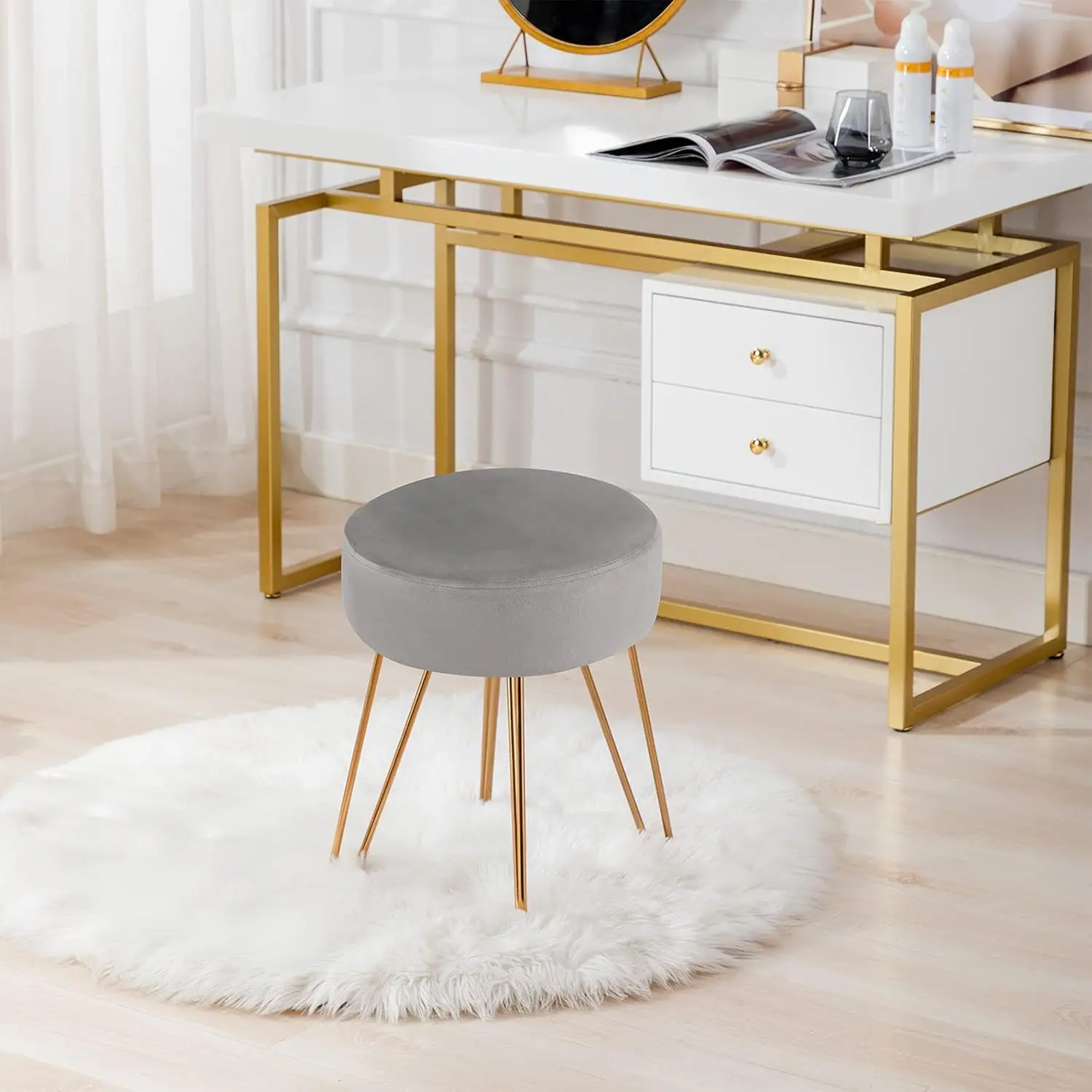 Veludo peludo redondo Metal Stool, contemporânea Vanity Stool