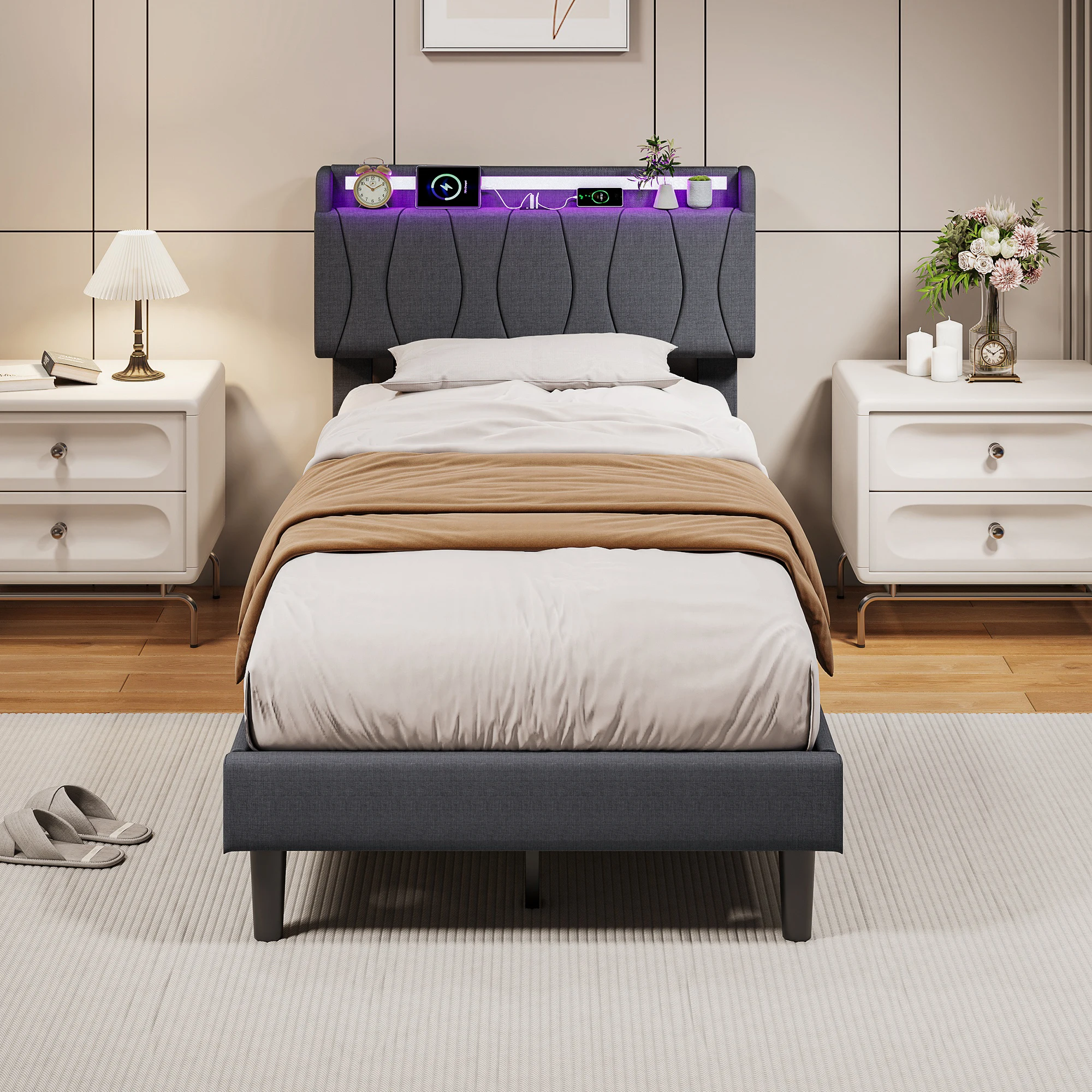 Anajqaqia 90 x 200 cm Polsterbett, Jugendbett mit Stauraum im Kopfteil, geräumiger Unterbettraum, Bettgestell aus Leinenstoff für Schlaf- und Gästezimmer