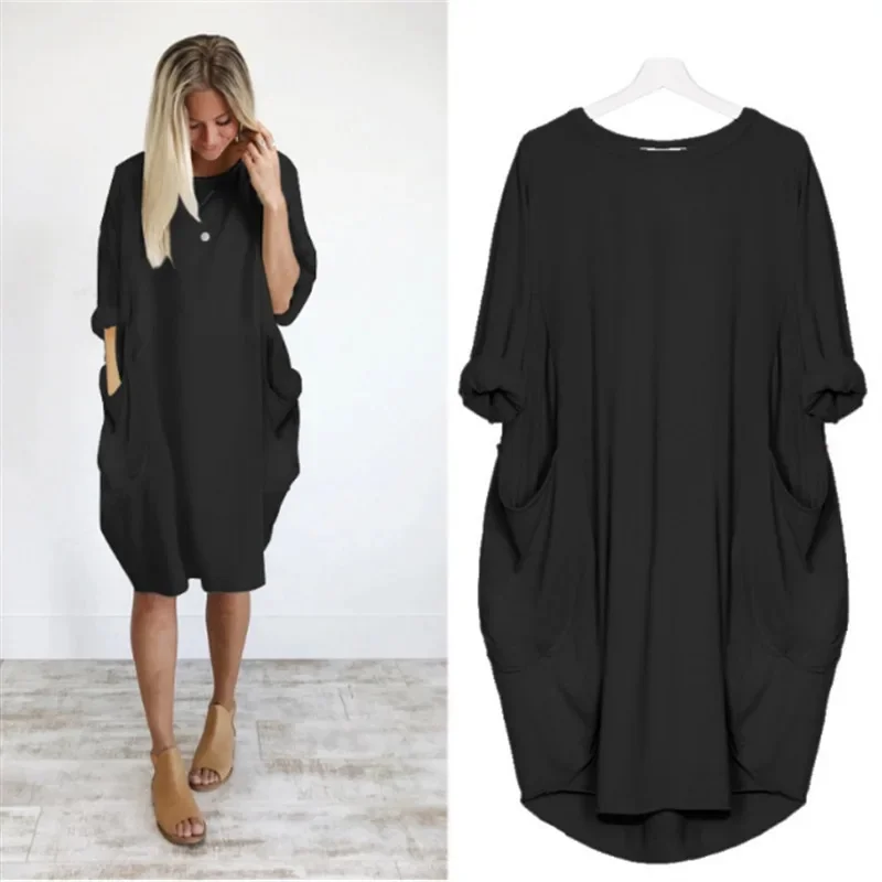 Sukienka damska Oversize O-neck Loose Red Version Casual Street Pocket Fashion Black Solid Color Beach Vacation Skirt — zdjęcie 2