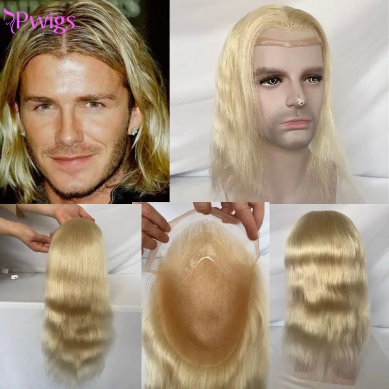 Pwigs12inch Long 100% Human Hair Blonde 613# Men's Toupee 8x10inch Mono Base Lace Front with PU Men Natural Hairline Hair System