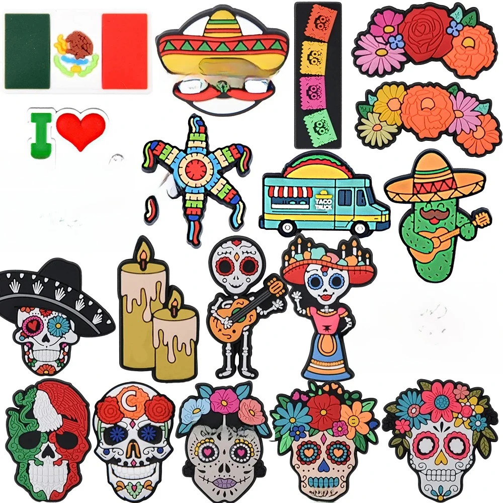 Restyle-Breloques de chaussure de drapeaux du Mexique, modules de fleurs d'horreur, décoration de chaussure, épingle quantique Anime, breloques Everg, faveur de fête, 1 pièce, 6 pièces, 9 pièces, 20