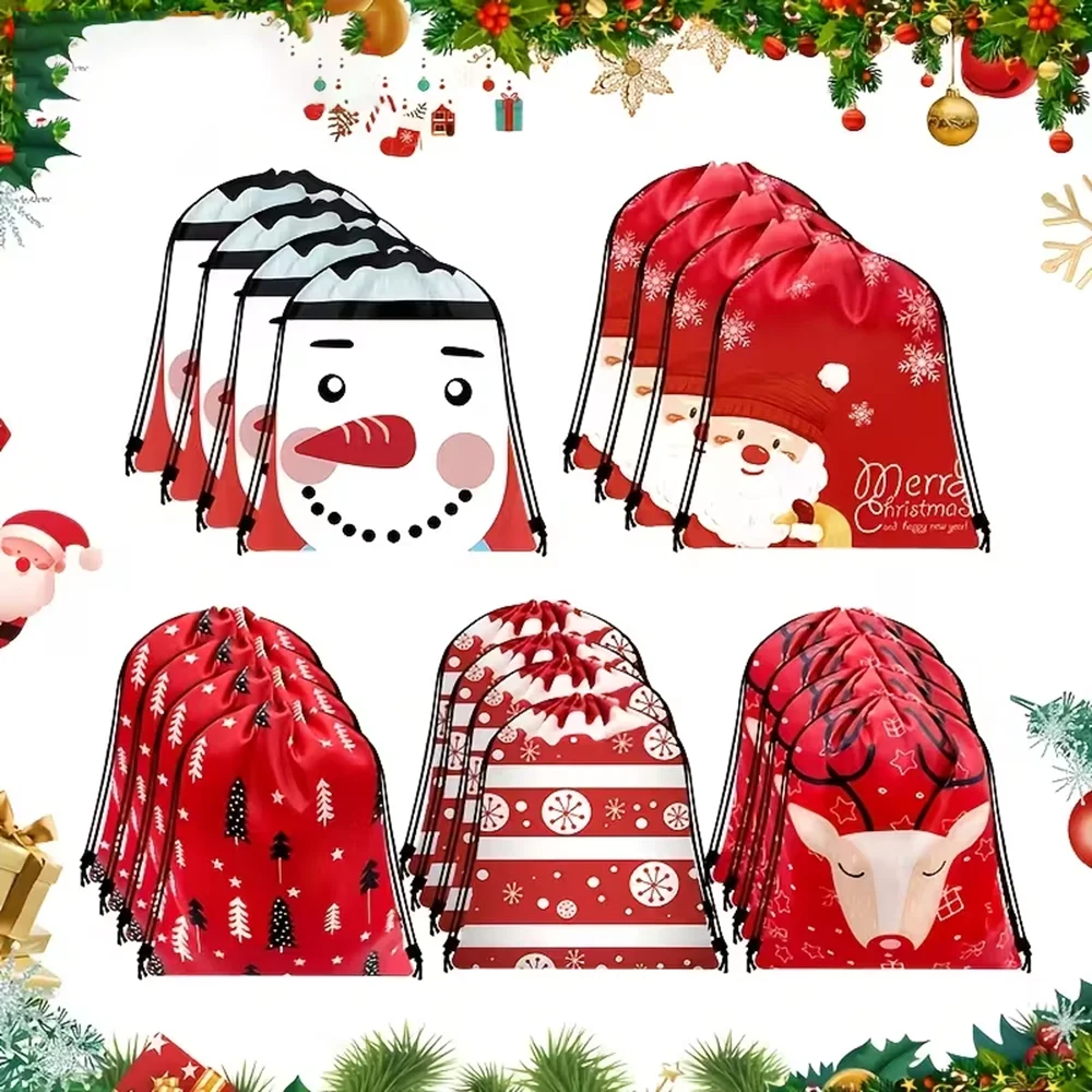 20Pcs Christmas Drawstring Backpack, Camping Bags Outdoor Bags, X‑mas Santa Snowman Reindeer Pattern Sack Bag for Holiday Party