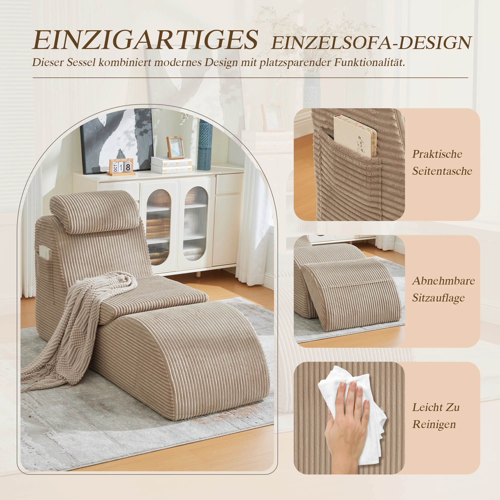Fauteuil de loisirs moderne au design unique et ergonomique, fabriqué en mousse à compression haute résilience. Coussin d'assise amovible et poche latérale pour un confort optimal au quotidien. Kaki