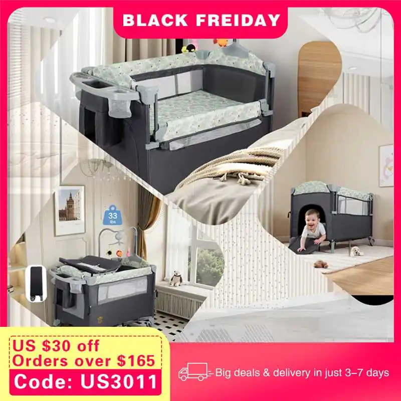 

Play Yard with Basssinet,Playard with Changing Table Lockable Wheels Music Box Foldable Play Yard for Infant to Toddler