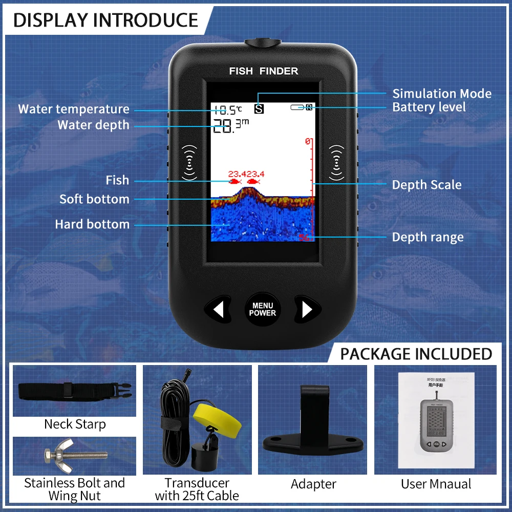 Erchang Draagbare Fish Finder Water Diepte Echolood Temperatuur Fishfinder Met Bedrade Sonar Sensor Transducer Voor Vissen